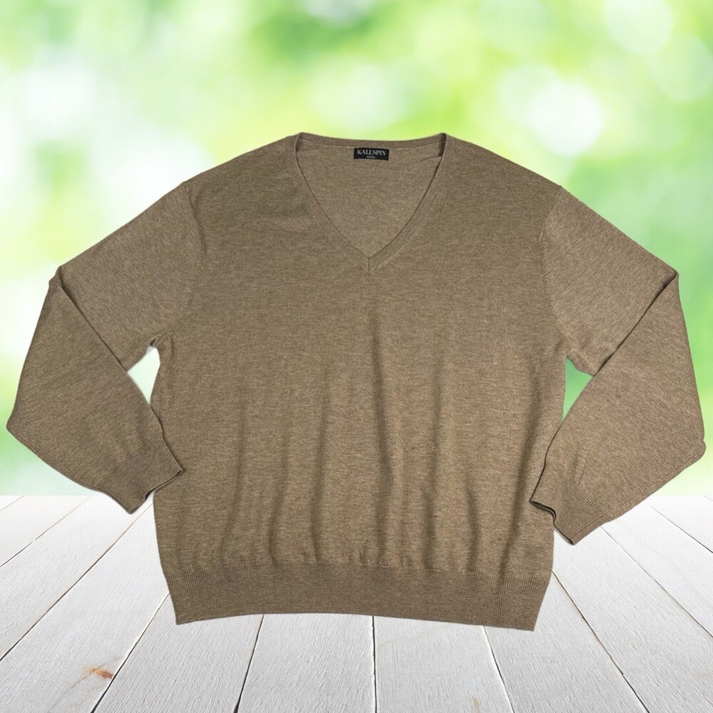 KALLSPIN V Neck Sweater Wool Cashmere Blend Grandpa Preppy Tan Mens 3XL